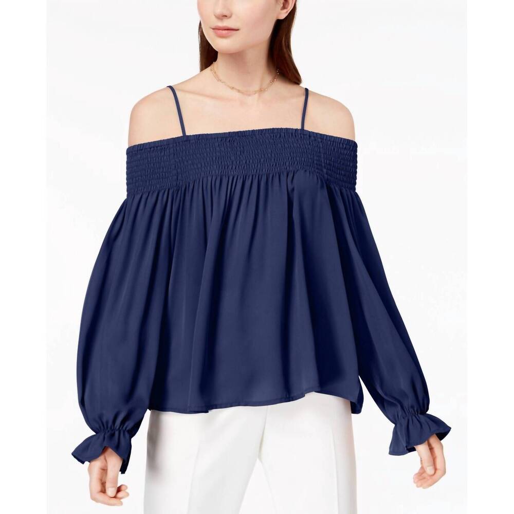 NEW ULTRA FLIRT smocked off the shoulder top in blue depths